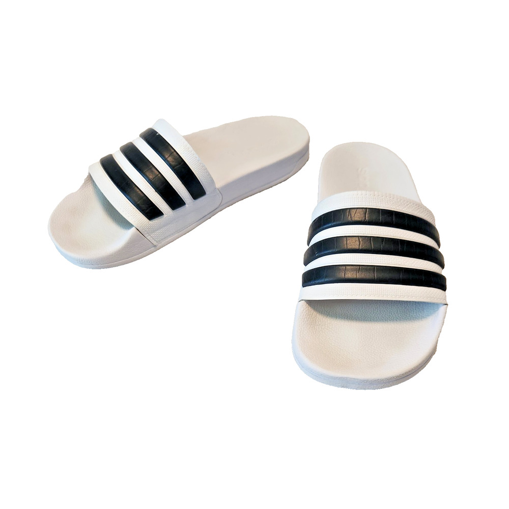 Women's White Slide Sandals with Black Stripes